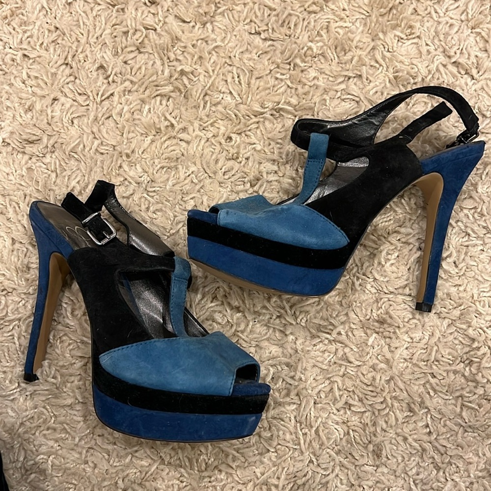 Jessica Simpson blue and black peep toe heels
